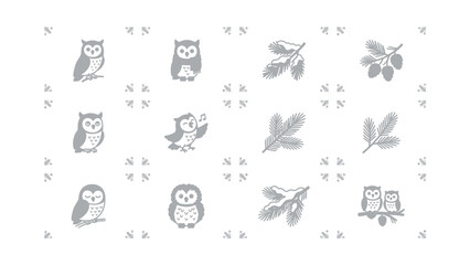 Fototapeta premium Cute Owl Icons and Pine Branch Graphics Set