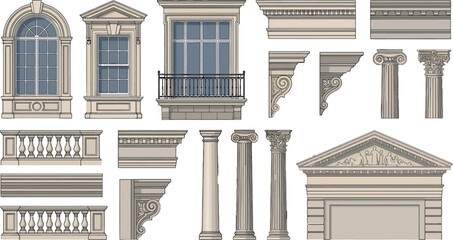Obraz premium Classical architectural elements set featuring ornate windows, stone columns, decorative balustrades, and pediments for building design vector illustration