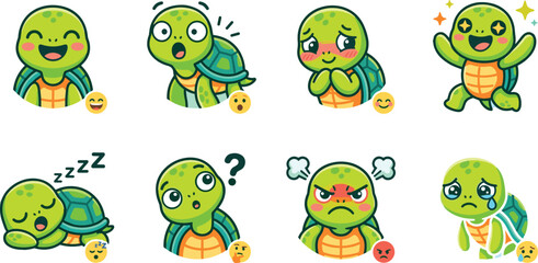 Fototapeta premium Collection of eight cartoon turtle illustrations showing happy, surprised, shy, joyful, sleeping, confused, angry, and sad emotions