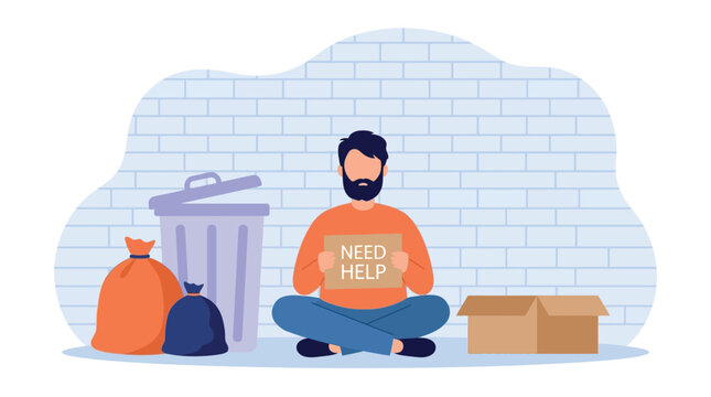 Homeless man holding a cardboard sign asking for help in this colorful flat vector graphic illustration