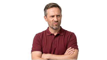 Fototapeta premium Skeptical middle-aged man with crossed arms looking away on transparent background 