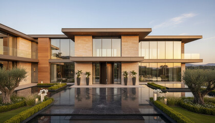 Fototapeta premium Ultra realistic modern luxury mansion exterior, grand contemporary architecture background