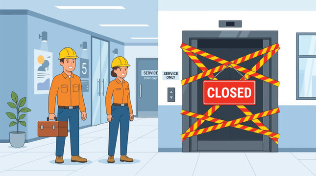 Two professional workers wearing yellow safety helmets standing before an elevator that is marked closed