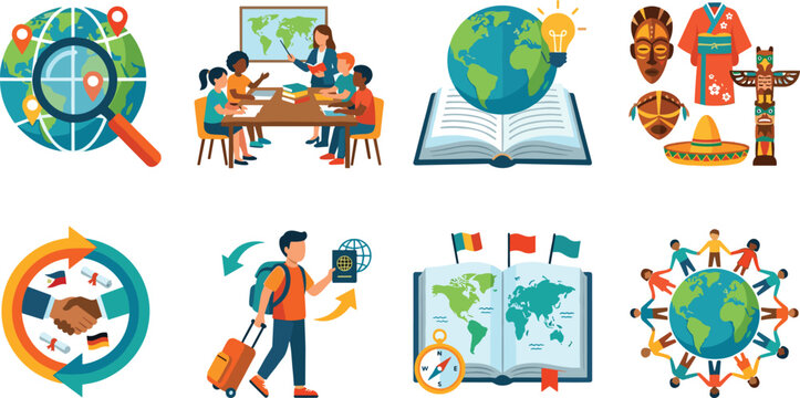 Global education geography studies and cultural diversity flat vector icon set representing international student travel exchange