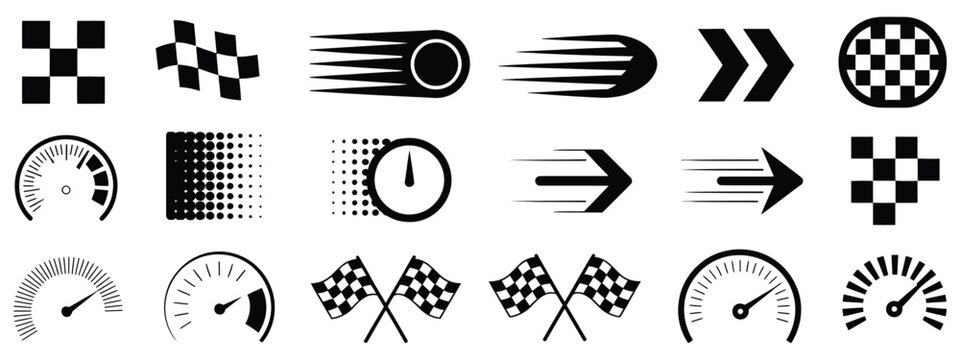 racing stripe vector set, racing flags checkered patterns speed lines arrows and start finish banners, motorsport design elements for automotive race graphics, dynamic vector illustration