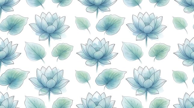 Blue lotus flower and green leaf seamless watercolor pattern