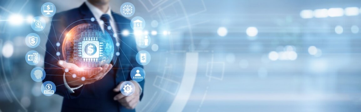 Finance leader hand-holds innovative global FINTECH payment network, revolutionizing banking and digital money. Modern technology simplifies online transactions and global financial services.
