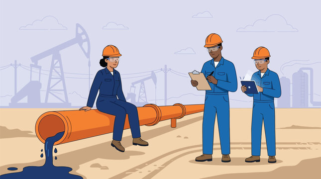Three professional engineers in hard hats working together on a large industrial oil pipeline vector illustration