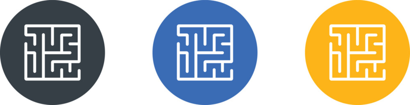 Square maze line icon set with white labyrinth symbols on dark grey blue and yellow circle buttons