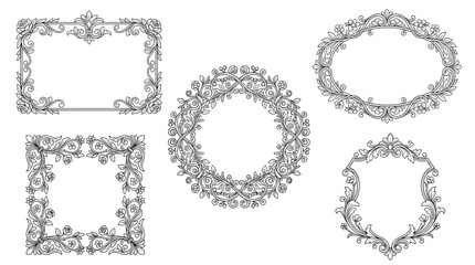 Fototapeta premium Set of ornate floral frames and borders with leaves and flowers