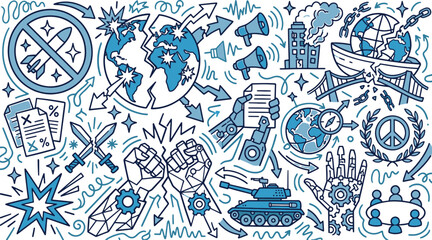 Naklejka premium Global conflict and geopolitical crisis doodle concept showing broken world tank weapons and symbols of war conflict geopolitics illustration military geopolitical instability violence