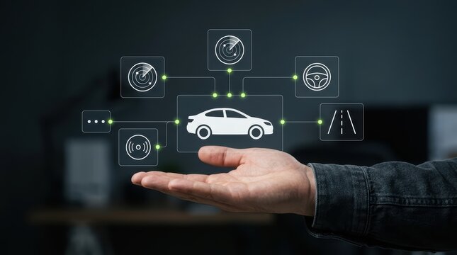 Hand presenting digital autonomous car interface with smart sensor icons, self-driving technology modern technology business concept