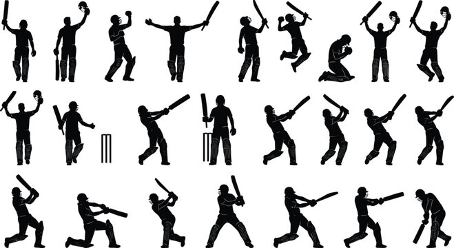 Cricket action silhouette bundle featuring professional batsman batting poses, bowler delivery stances, wicketkeeper movements, and championship winning celebration graphics