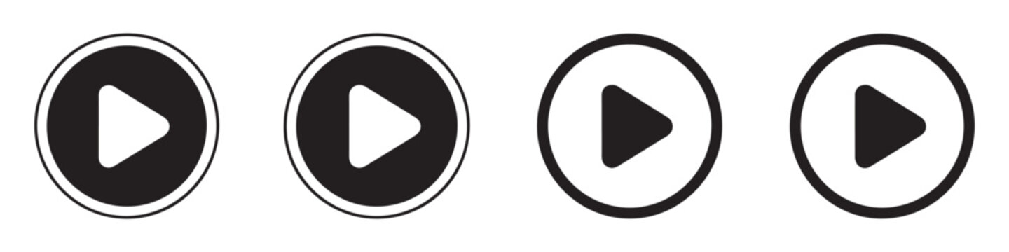 Various play button design variations including thin outline thick circle and solid fill versions.