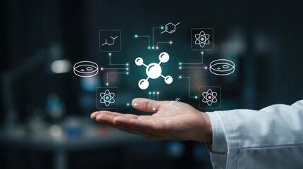 Fototapeta premium Scientist holding holographic molecular structure and laboratory icons for pharmaceutical research modern technology business concept