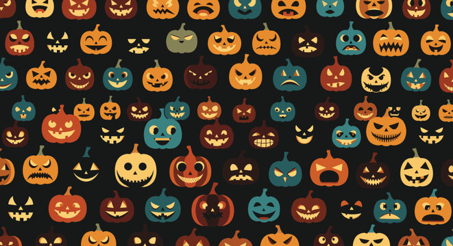 Seamless pattern featuring a dense variety of stylized Halloween pumpkins with diverse spooky and funny carved faces on a solid black background for decor.