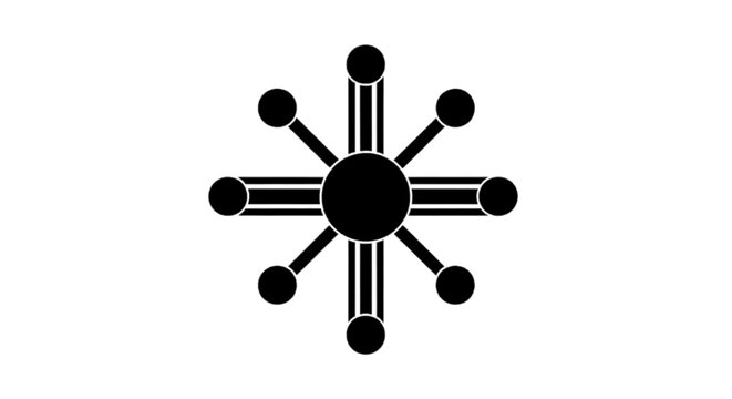 Minimal black silhouette icon, simple flat vector, bold black shape, no gradients, no shading abstract geometric star shape with central circle and radiating nodes on a, flat icon style