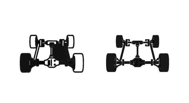 Minimal black silhouette icon, simple flat vector, bold black shape, no gradients, no shading top view of car chassis with wheels and drivetrain components on a, flat icon style