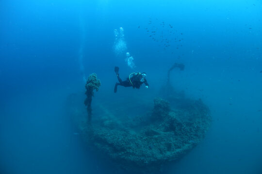 Exploring Varese wreck while scuba diving in Croatia near Pula city