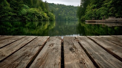 Obraz premium Wooden dock on a calm mountain lake surrounded by dense green forest