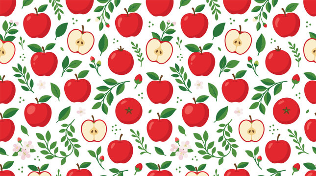 Seamless Red Apple Pattern Vector Graphic with Whole Fruit, Halves, Green Leaves, and White Blossoms for Cute Textile, Wallpaper, and Packaging Designs