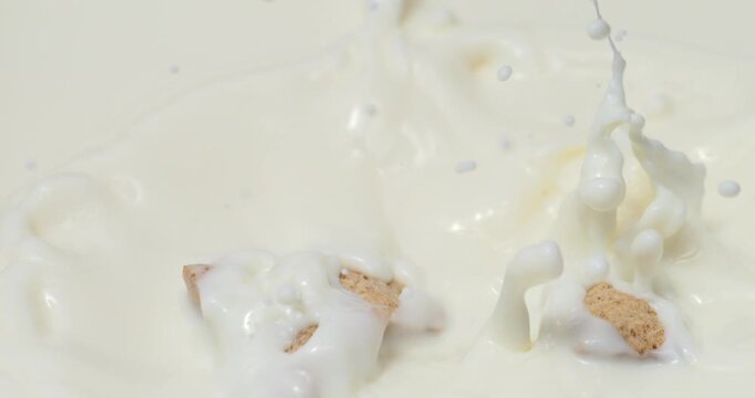 Cereal pillows falling into milk or yogurt with splash in slow motion 1000 fps