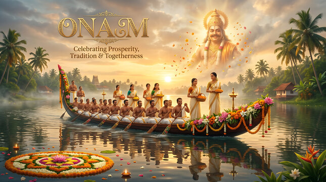 Celebrating onam festival with traditional pookalam boat parade and devotional procession on a serene river at sunset in kerala india