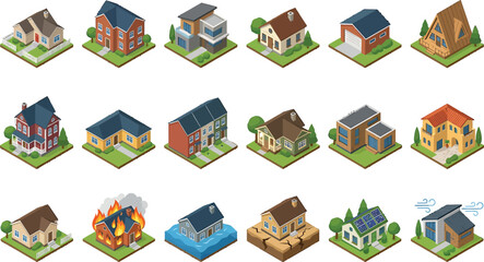 Fototapeta premium Isometric house icons set featuring various residential building types and natural disaster scenarios for architectural design and real estate
