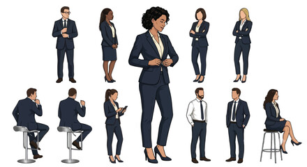 Obraz premium Business professionals in suits discussing work standing and sitting in modern office environment