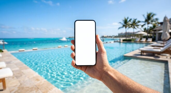 Blank white smartphone screen mockup held in hand POV at luxury resort infinity pool