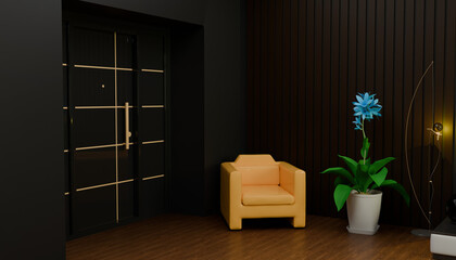 Modern Interior With Armchair and Flower: A minimalist interior design featuring a sleek modern armchair, a striking blue flower in a pot, and elegant dark wood paneling. © Grid Byte Studio