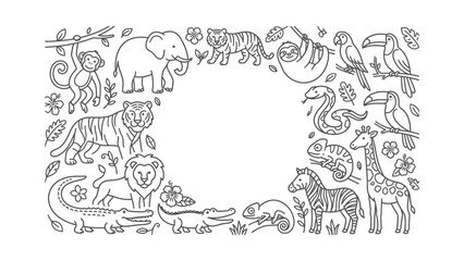 Obraz premium Jungle Safari Animals Border Frame Line Art Cute Cartoon Style