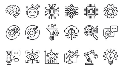 Fototapeta premium Technology and digital brain development thin line icons.