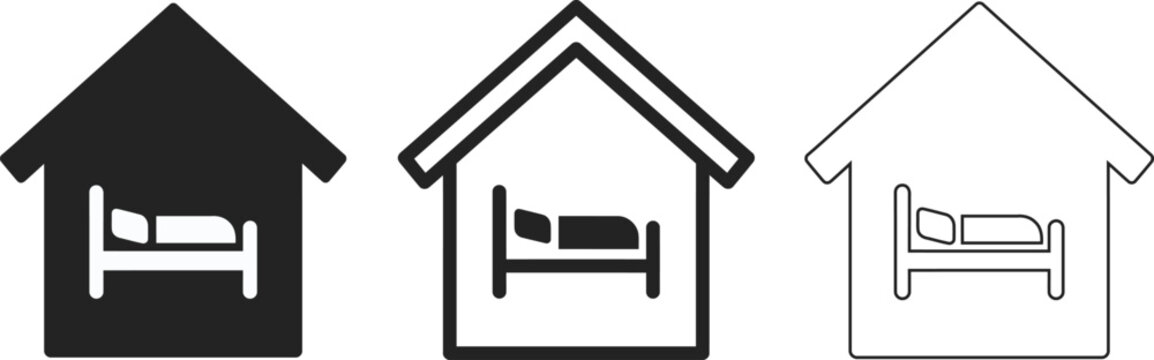 Three different types of houses with beds inside, vector