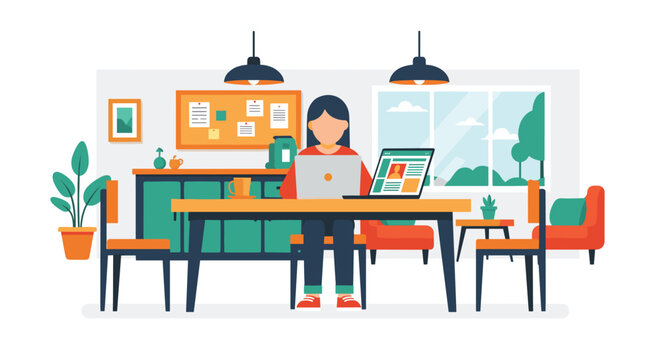 Flat illustration of person sitting at desk hesitating before decision, hand on chin, laptop open but idle, sticky notes blank on desk, remote worker, freelance, work from home, work from anywere,