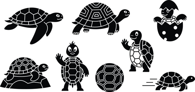 Cute Turtle and Tortoise Silhouette Icon Set with Swimming, Hatching, Waving, and Running Cartoon Poses for Kids and Wildlife Graphic Designs