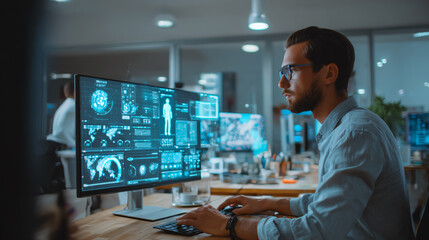 Fototapeta premium A young professional focused on advanced technology analysis using multiple monitors in a modern office.