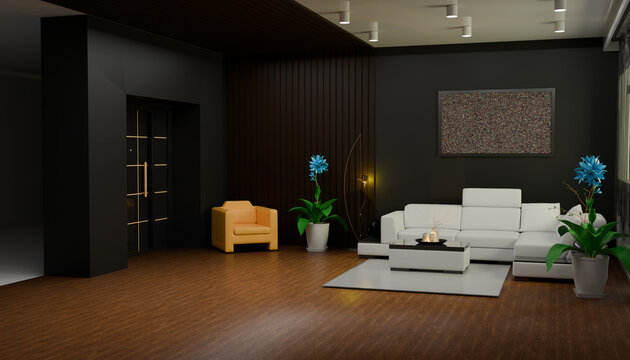 Modern Living Room Ambience: A stylish and contemporary living room with dark walls, a plush white sofa, and a minimalist aesthetic, creating a sophisticated and inviting atmosphere.