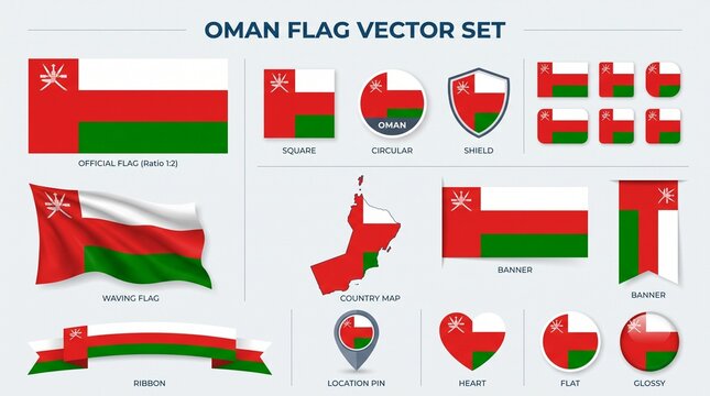 Oman flag vector set, national symbols, country icons, red green white illustrations