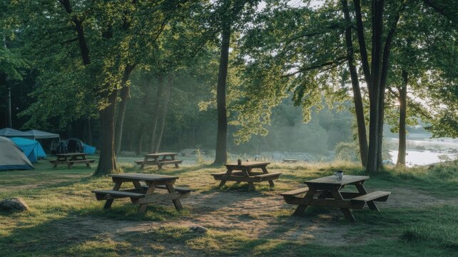 Tranquil Lakeside Picnic Area with Wooden Tables in Sunlit Forest