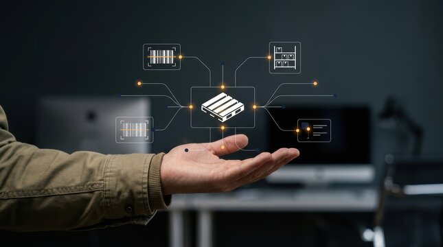 Hand presenting digital warehouse logistics icons with pallet and barcode tracking interface, supply modern technology business concept