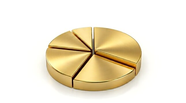 Minimalist golden pie chart sliced into five segments with business statistics analysis isolated marketing strategy planning economic