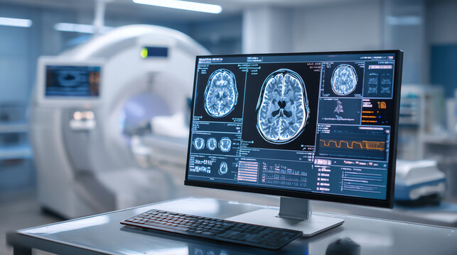 Advanced medical imaging technology showing brain scans on a computer screen in a modern hospital setting.