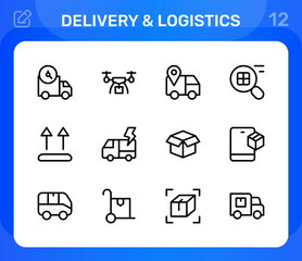 Fototapeta premium Delivery and logistics icon set. Editable line icons. Professional and modern outline icon collection vector illustration featuring transport vehicle route planning parcel delivery and cargo
