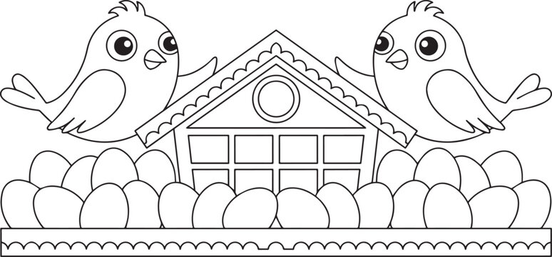 Birds sitting on a nest in front of a house  peaceful scene