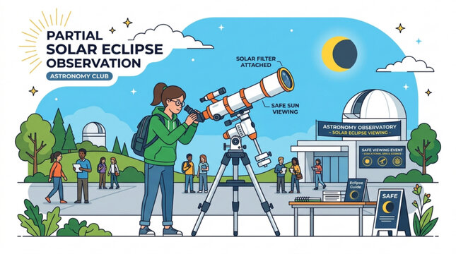 Astronomy club observes partial solar eclipse with telescope educational science event for public vector illustration