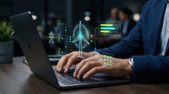 Businessman using laptop for renewable energy management with wind turbine hologram, esg compliance modern technology business concept