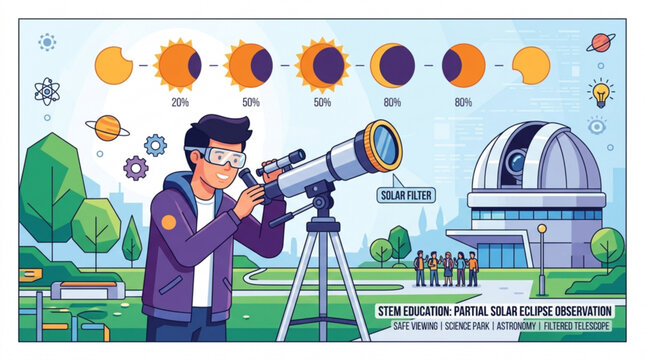Young student observing a partial solar eclipse through a telescope at an observatory STEM education concept flat vector illustration