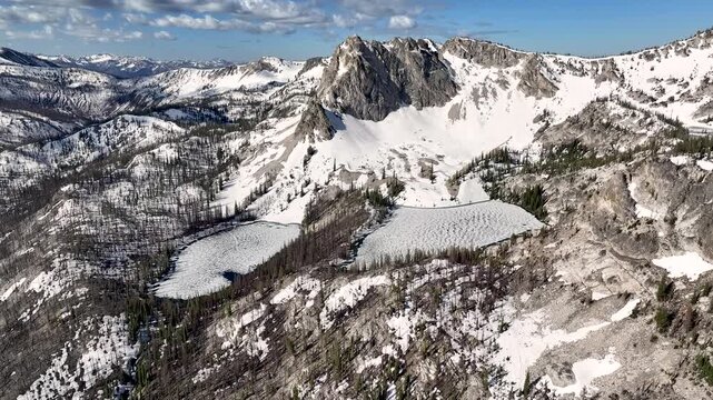 Aerial view of twin Hanson Lakes in Idaho
