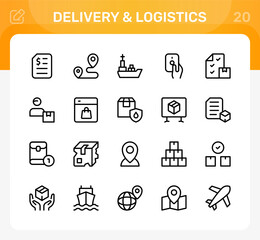 Fototapeta premium Delivery and logistics icon set. Editable line icons. Professional and modern outline icon collection vector illustration featuring warehouse forklift storage racks parcel handling and shipping